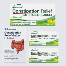 SnapsMed Constipation Relief 5mg Tablets for Adults | Effective Overnight Bowel Relief | 3 Packs of 20 Tablets (Total 60) | Includes Dr Abdul’s Constipation Relief Guide