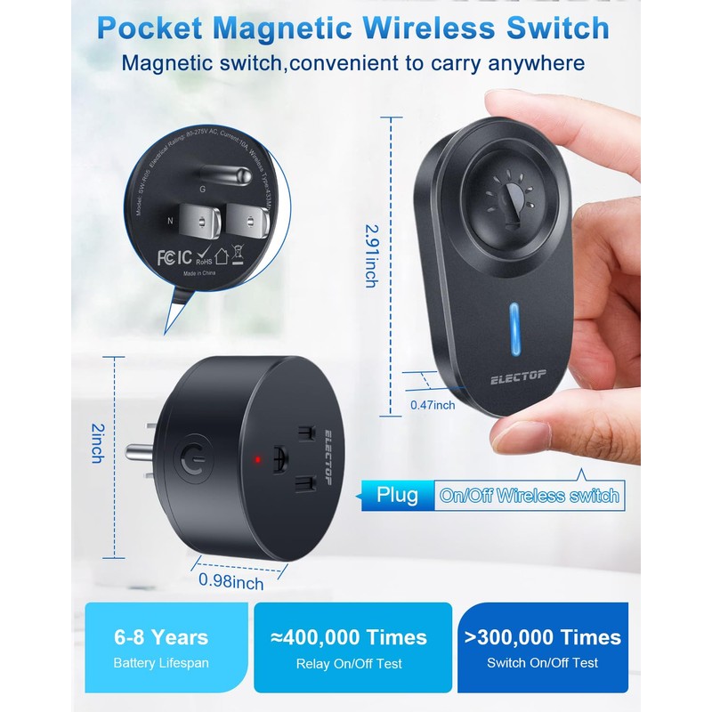 Remote Control Outlet, ELECTOP 15A/1500W Wireless Outlet Power Switch, No