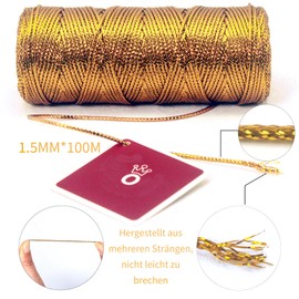 1.5 mm Gold Metallic Cord, 100 m, Gold Cord, Gold Thread Gold Yarn for Crafts, Inelastic Cord for DIY Crafts, Wedding Decoration, Packaging, Gift Wrapping (Gold)