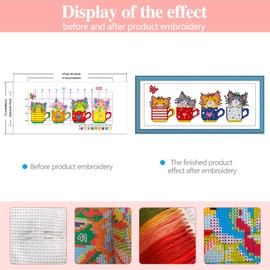 Zhenqing Teacup Cats Stamped Cross Stitch Kit - 11CT 17x37cm 4 Cats in Cups Design, Pre-Printed Colorful Pattern for Beginners (66963)