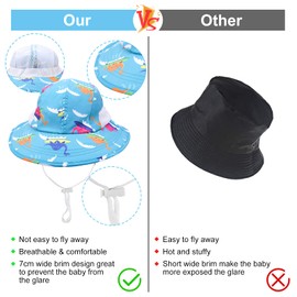 JUPSK Kids Sun Hat, UPF 50+ Sun Protection Baby Boy Bucket Hat Adjustable Fisherman Adventure Hat with Wide Brim Dinosaur Pattern, Summer Sunhat Beach Cap for 0-4 Years Unisex Child Blue