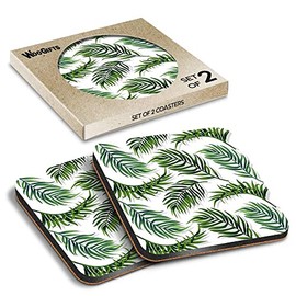 2 x Square Coasters - Tropical Green Fern Leaf Pattern Nature Cork Backed MDF Glossy Tea Coffee Accessory #53501