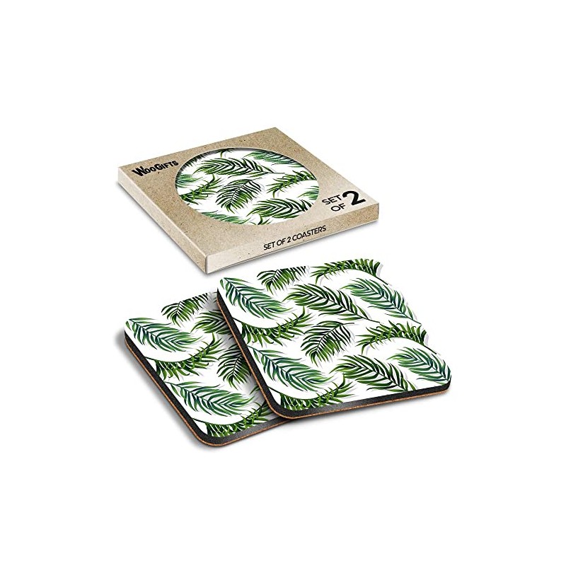 2 x Square Coasters - Tropical Green Fern Leaf Pattern