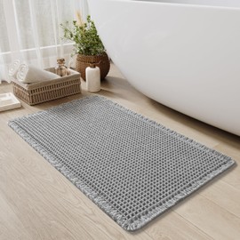 Upgraded Waffle Bath Mat Non Slip Super Absorbent Quick Dry Bath Mats for Bathroom Floor Machine Washable Bathroom Mat Ultra Soft Boho Bathroom Rugs with Tassels Beside Tub, 24" x 36", Light Grey