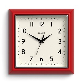 JONES CLOCKS® Mustard Wall Clock | Square Retro Clock | 10 inch | Red | Easy to Read Numbers | Perfect for Kitchen or Office