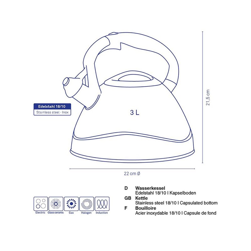 Kela Varus Kettle with Whistle, Suitable for Induction Cookers 3.0L