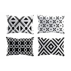 4pack Black White Scandi Pillowcases Cushion Covers 12x20 Inches Rectangular Soft Plush Throw Pillow Covers 50 x 30cm for Garden Patio Living Room Couch Sofa Bedroom (Geometric)