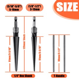 HaoTrade 2Pcs T Handle Detachable Tapered Reamers, Bridge Pin Hole Held Taper Reamer, 1/4 Inch Hex Shank 5 Fluted Chamfer Handheld Reaming Tool Kit, 3-13mm & 5-16mm