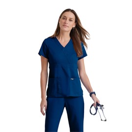 Grey's Anatomy Women's Junior Fit 3 Pocket Mock Wrap Scrub Top, Indigo, X-Small