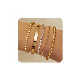 LOLIAS 5 Pcs Gold Bracelets for Women 14k Real Gold Bangle Cuff Bracelet Set Hypoallergenic Gold Beaded Paperclip CZ Tennis Cuban Chain Bracelet Stacking Bracelets Gold Jewellery for Women