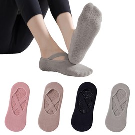 mtuihfo Yoga Socks for Women Non Slip, 4 Pairs Breathable Pilates Socks Anti-Slip Grips & Straps, One Size Yoga Socks for Pilates Barre Ballet Dance Workout Fitness