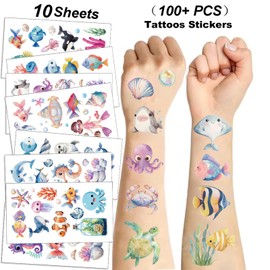 90PCS Ocean Life Temporary Tattoos Sea Themed Birthday Party Decorations Favors Supplies Under Sea Animals Tattoo Stickers for Kids Boys Girls Gifts Goodie Bags Fillers Prizes Rewards