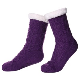 SDBING Women's Winter Super Soft Warm Cozy Fleece Lined Fuzzy Slipper Socks with Grippers (Purple Rhombic, 6-10)