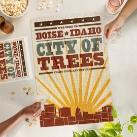 Lantern Press Boise, Idaho, Skyline and Sunburst Screenprint Style 1000 Piece Jigsaw Puzzle for Adults, Made in USA with Reference Poster