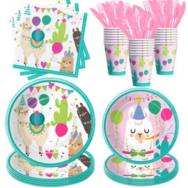 YJRJSC Llama Party Decorations Tableware, Llama Birthday Party Supplies, Paper Plate, Cup, Napkin, Disposable Cutlery, Mexican Alpaca Cactus Theme Birthday Baby Shower Decorations Dinnerware, Serve 24