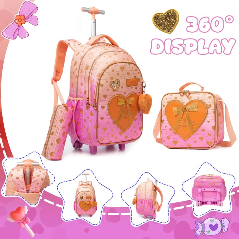 Kids Bowtie Heart Rolling Backpack for Girls Trolley Suitcases Luggage