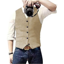 Solovedress Men's Casual Wool Herringbone Suit Waistcoat V-Neck Tweed Waistcoat for Wedding Groomsmen, champagne