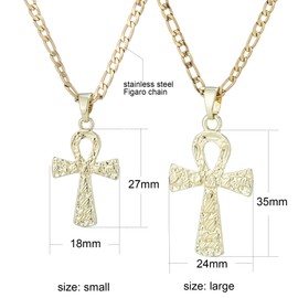SAELACY Textured Ankh Cross Pendant Necklace for Women Men 14K White Gold Plated Ankh Cross Pendant with 3mm Figaro Chain Necklace (gold-large, chain length: 22"+2")