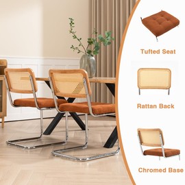 SlowlyHome Orange Velvet Cane Back Dining Chairs Set of 2, Mid-Century Design Rattan Back Chairs, Upholstery Kitchen Chairs with Chromed Base for Bedroom, Living Room, Orange