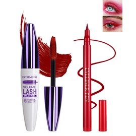 Máscara Y Delineador De Ojos Rojos Resistentes Al Agua, Extensiones De Pestañas De Fibra De Seda 5D Con Tubo De Color Para Volumen Y Longitud,...     