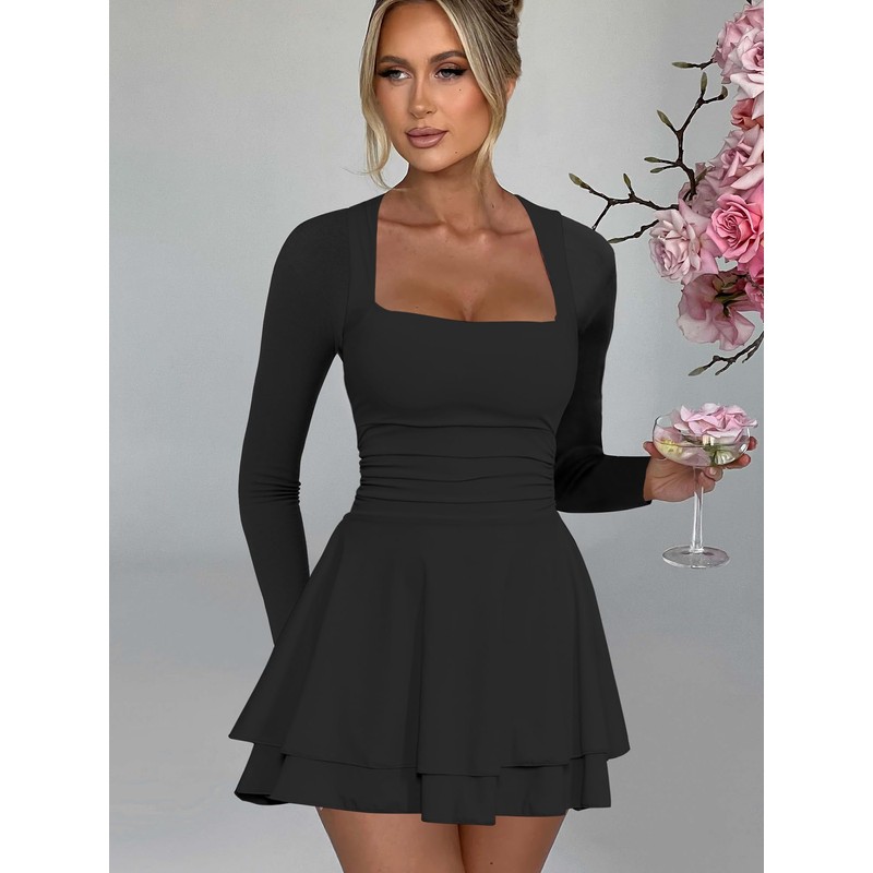 Kaximil Women's Square Neck Ruffle Hem Mini Dress Ruched Waist