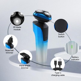 PHXCHAM Electric Razor for Men, Rechargeable Waterproof Men Electric Shaver, Wet & Dry Shaving with Cordless Beard, Nose Hair Trimmer, 1 Hour Fast Charging (Blue)