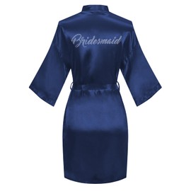 Polar Rabbit Women's Short Satin Bathrobe One Size Silver Rhinestones Bride Bridesmaid Kimono Robes for Wedding Party Getting Ready Bridesmaid Dark Blue