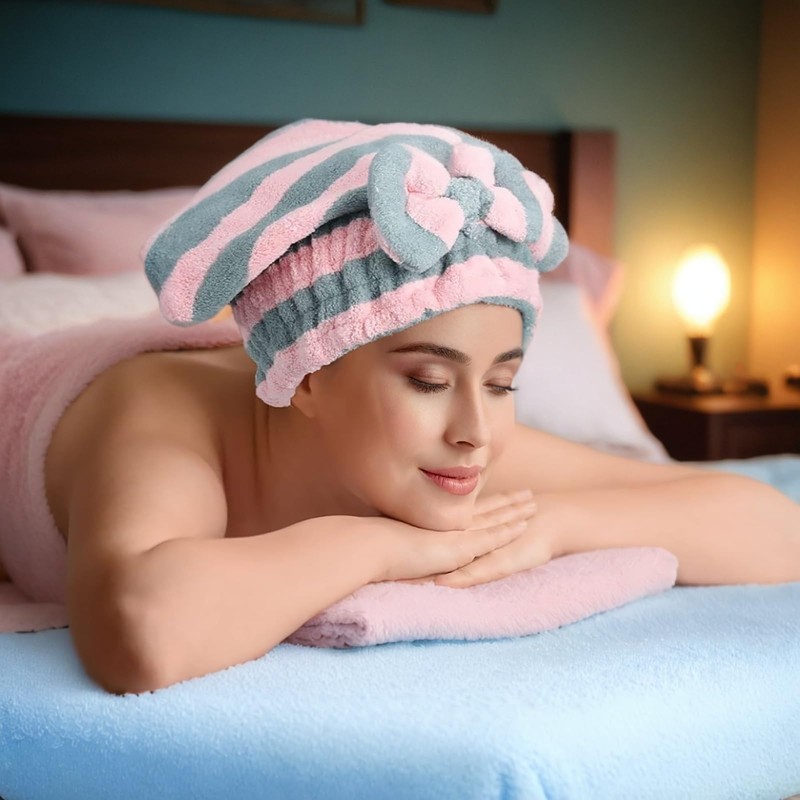 2 Pack Microfiber Hair Drying Cap Towel - Soft &