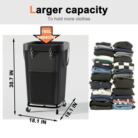 Knovkeey Laundry Hamper Laundry Basket with Wheels, Large Capacity Dirty Clothes Basket with Wheels, Suitable for Bedrooms, Bathrooms and Laundry Rooms (Black, 160L)