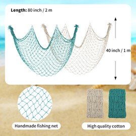 Decorative Fishing Net 80x40 Inch,YuanDe 2 Pack Beige & Aqua Picture Fish Net, Wall Photo Hanging Fishnet for Nautical Mermaid Pirate Ocean Theme Hawaii Beach Under The Sea Party Decoration