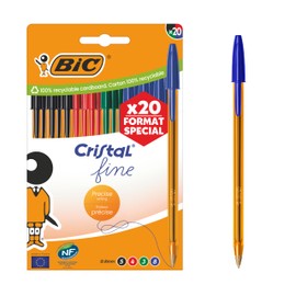 BIC Cristal Original 0.8mm Fine Point Fineliner Pens with Translucent Orange Body, Assorted Colours, Box of 20