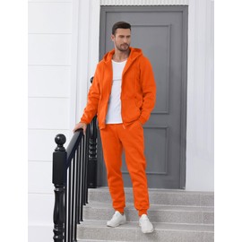 LUYIJIESHENG jogging suits for Men's Orange hoodies zip up 2 Piece Set Drawstring Long Sleeve Casual Tracksuits Sweatsuit for Jackets and Pants Sports Set Sportswear with Pockets 2XL