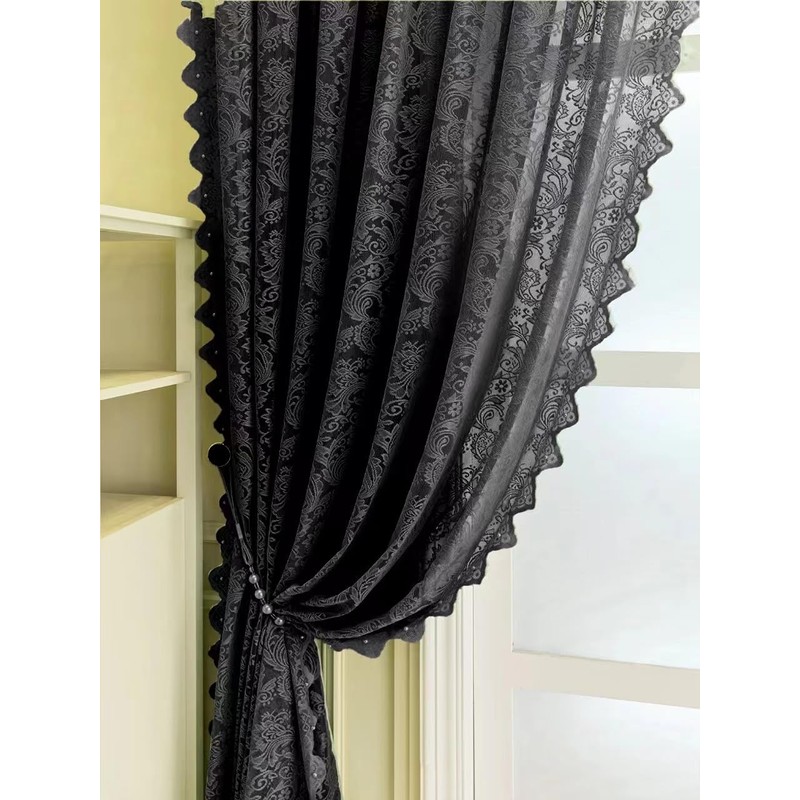 F-CHU Black Lace Curtains 72 drop Pair Voile Net Curtains