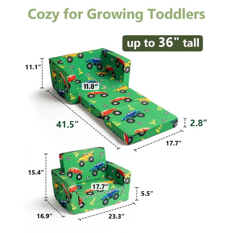 Toddler Couch, 2-in-1 Foldable Kids Comfy Chair & Lounger, Monster