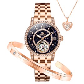 OLEVS Automatic Womens Watches Mechanical Diamond Skeleton Luxury Dress Rose Gold Stainless Steel Waterproof Luminous Ladies Wrist Watches Gift Set