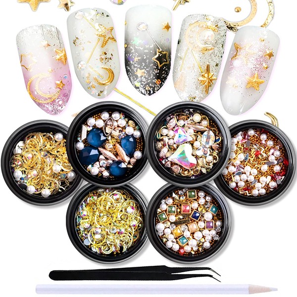 SILPECWEE 6 Boxes 3d Nail Charms Gold Nail Art Charms Flat Back Nail Rhinestone Nail Jewels Nail Gems Pearls for Nails DIY Nail Decoration with 1pc Tweezers, Picker Pencil
