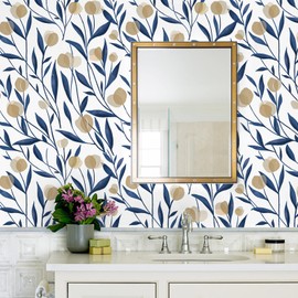HAOKHOME Floral Peel and Stick Wallpaper Boho for Bathroom White/Navy/Tan Wall Paper Stick on Contact Paper 17.3in x 9.8ft