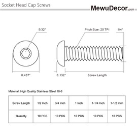 1/4-20 x 1/2", 3/4", 1", 1-1/4", 1-1/2" Button Head Socket Cap Screws Screw Assortment, Stainless Steel 18-8, Allen Hex Drive, 50 PCS