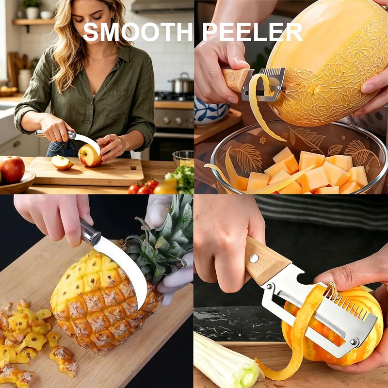 Premium Vegetable Peeler with Wooden Handle and Bottle Openerand Fish-Scaler