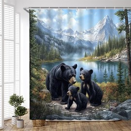 PZMPZM Rustic Black Bear Shower Curtain Forest Lodge Cabin Wild Animal Country Mountain Lake Landscape Nature Hunting Fabric Bathroom Decor Curtain Sets with Hooks,70" Wx70 H