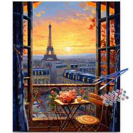 JUJUHOOD Romantic View Paris from Window Paint by Numbers Kit for Adults,Eiffel Tower Adult Paint by Number Kits,DIY Acrylic Paint by Number on Canvas for Home Wall Decor 16X20 Inch