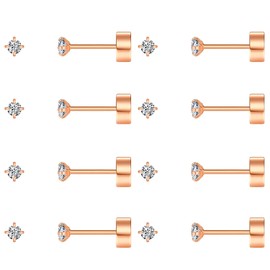 FOSIR 4mm Tiny Flat Back Earrings for Women Men 14K Gold Plated Surgical Stainless Steel Stud Earrings Set Cubic Zirconia Cartilage Earring Hypoallergenic (Rose Gold, 4mm CZ)