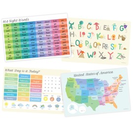 Homeschool Decor - Educational Kids Placemats for Dining Table and Classroom Days, Months & Weather, Sight words, Alphabet & USA map, durable plastic Set of 4
