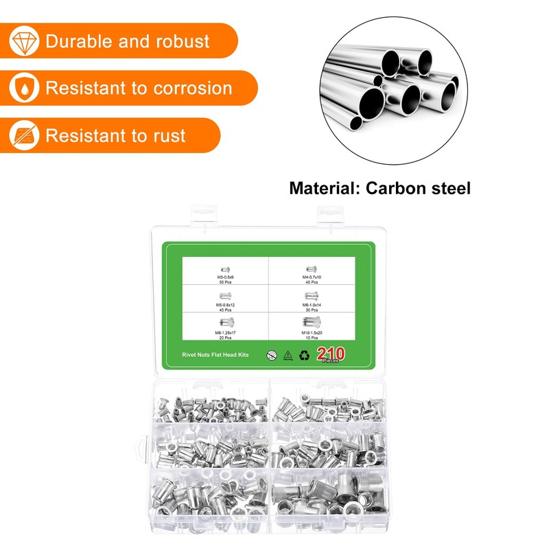 sourcing map 210Pcs Rivet Nut Flat Head, M3, M4, M5,