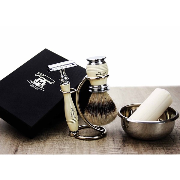5 Piece Shaving Set Silver Tip Hair, DE Safety Razor,Stand & Soap Gifts For Men