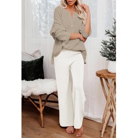 Pink Queen Sweater Knit Sets 2 Piece Women Trendy Outfits Button V Neck Knit Oversized Loungewear Set Pjs Khaki White S