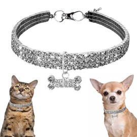 Bling Dog Necklaces for Small Dogs, Glitter Crystal Rhinestone Cat Collar, Diamond Pet Jewelry Female Puppy Collars with Bone Pendant for XXS Xs Small Tiny Girl Dogs, XXSmall