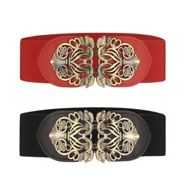 Lalafancy Womens Wide Elastic Waist Belt 2Pcs Retro Ladies Stretch Waist Dress Belt (Black & Red)