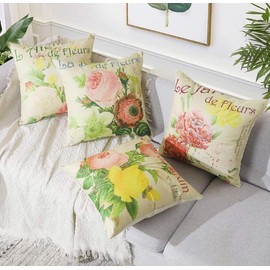 Vintage Yellow red pink multicolored Floral Pattern Cushion Covers 45 x 45 cm Summer Watercolor Modern Decorative Throw Pillow Covers Soft Pillowcases for Sofa Bed Home Garden Patio Decor Set of 4