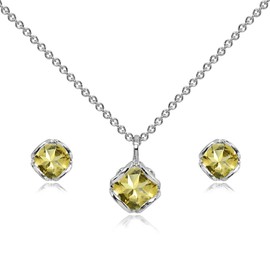 Sterling Silver Genuine or Synthetic Gemstone 6mm Round Fancy Solitaire Pendant Necklace and Stud Earrings Set for Women, Metal, Citrine